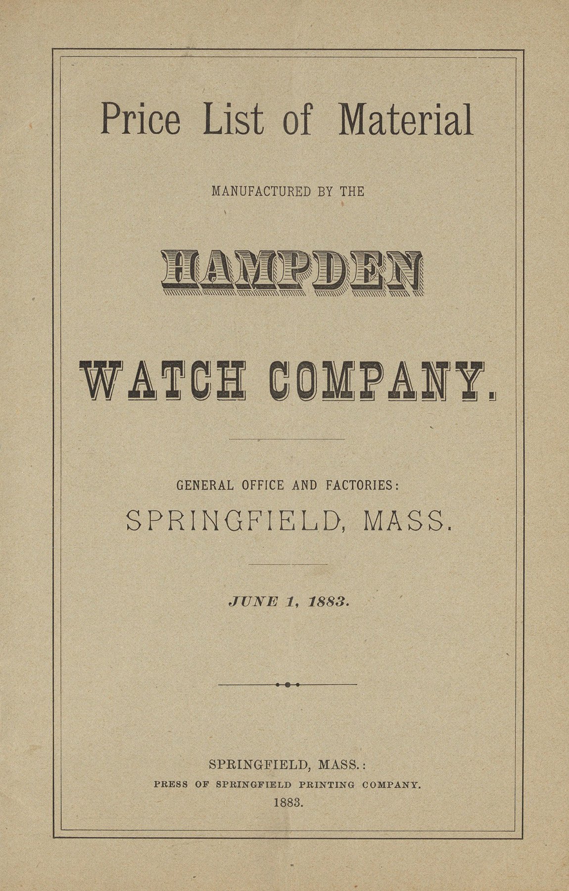 Hampden Watch Co. Material Catalog Price List (1883) Cover Image