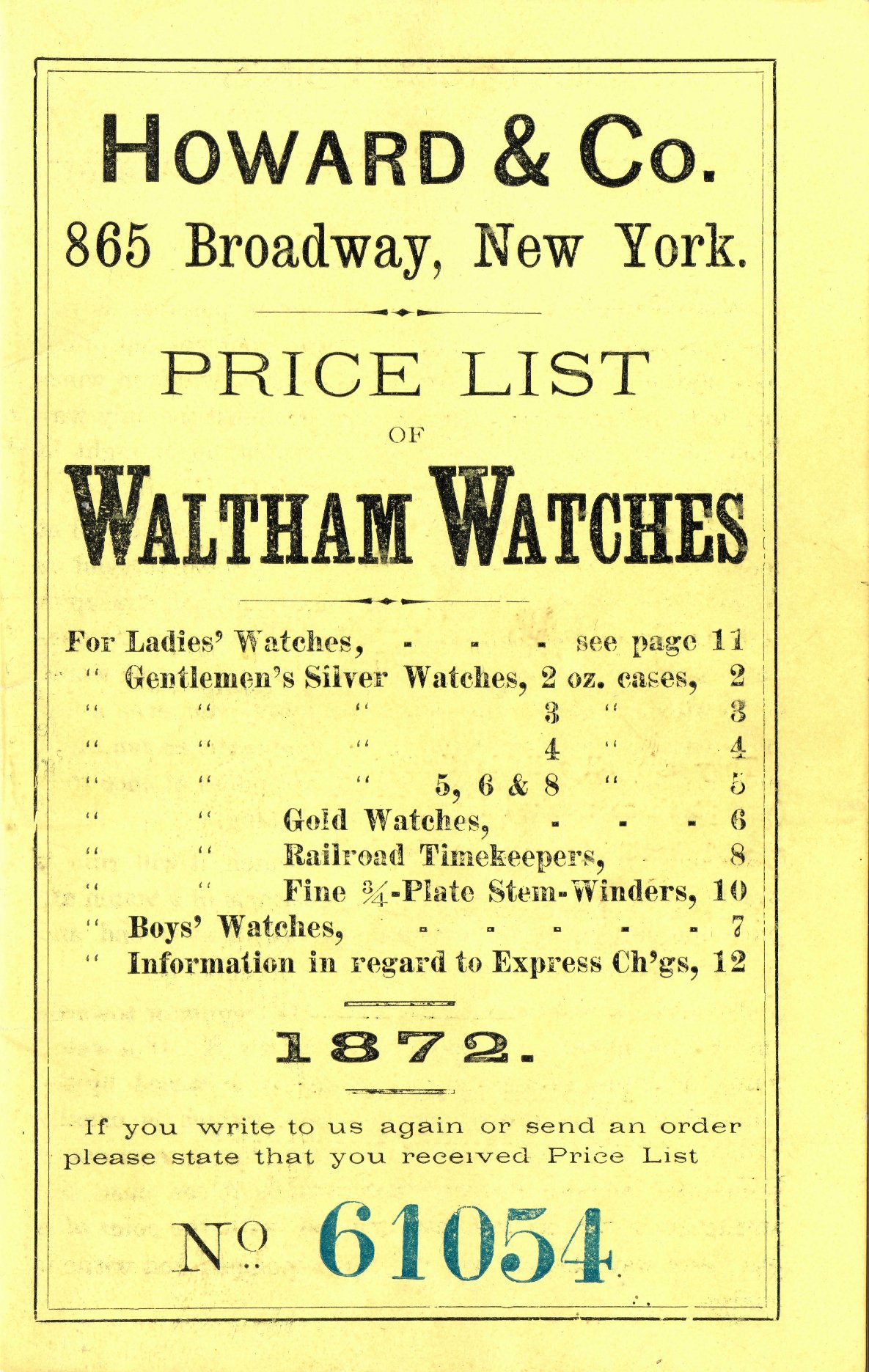 Howard & Co. Price List of Waltham Watches, 1872 Cover Image