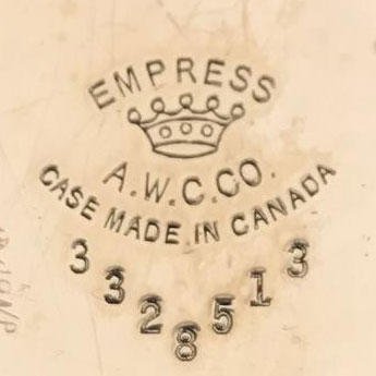 Watch Case Marking Variant for American Watch Case Co. of Toronto, Ltd. Empress: Empress
[Crown]
A.W.C.Co.
Case Made in Canada