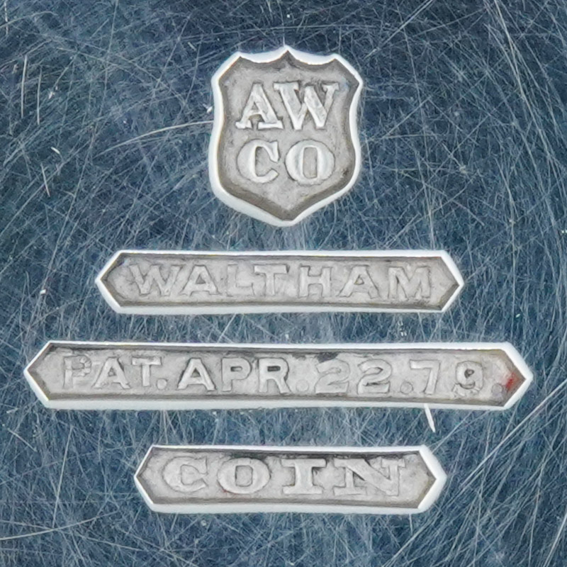 Watch Case Marking Variant for American Watch Co. AWCo Coin Silver: AWCo [in Shield]
Waltham
Par.Apr.22.79
Coin