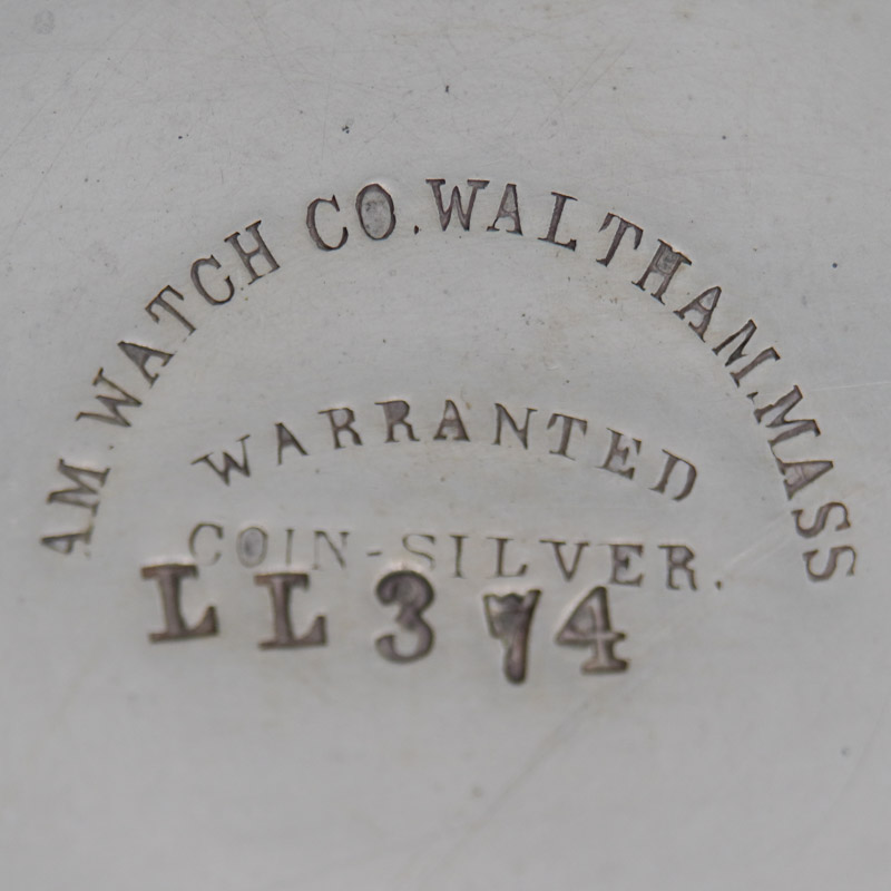 Watch Case Marking for American Watch Co. A.W.Co. Coin Silver: Am. Watch Co. Eagle Waltham, Mass. Star AWCo Shield Waltham Pat. Apr. 22. 79 Coin Am. Watch Co. Waltham, Mass. Warranted Coin Silver