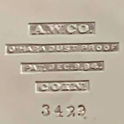 Watch Case Marking for American Watch Co. OHara Dust Proof: A.W.Co. O'Hara Dust Proof Pat. Dec.9.84 Coin Embossed