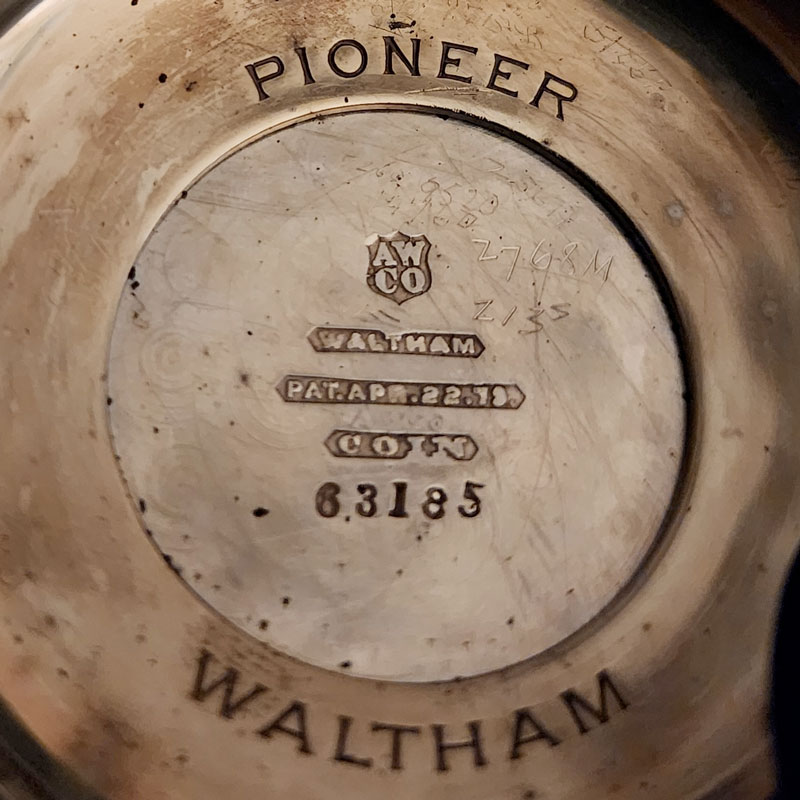 Watch Case Marking for American Watch Co. Pioneer: Pioneer
Waltham
AWCo [in Shield]
Waltham [in Embossed Pointed Banner]
Pat.Apr.22.79 [in Embossed Pointed Banner]
Coin [in Embossed Pointed Banner]