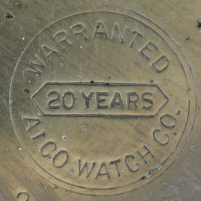 Watch Case Marking for Unknown Case Manufacturer Alco 20YR: 