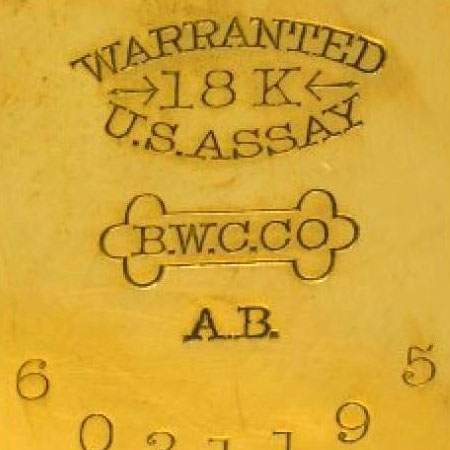 Watch Case Marking Variant for Brooklyn Watch Case Co. 18K: Warranted
-> 18K <- [Arrow]
U.S. Assay
B.W.C.Co. [in Dogbone Shape]
A.B.