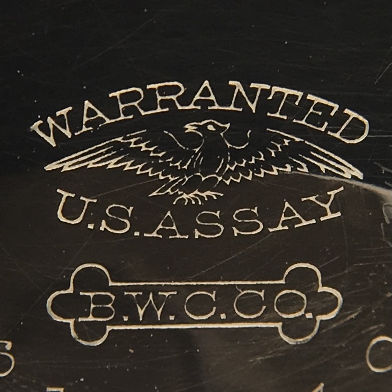 Watch Case Marking for Brooklyn Watch Case Co. A1 Eagle: Warranted
U.S.Assay
B.W.C.Co.
[Dogbone]