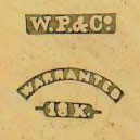 Watch Case Marking Variant for Brooklyn Watch Case Co. 18K Wheeler Parsons Label: W.P.&Co.
Warranted
18K [in Pointed Cartouche]
