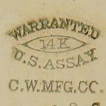 Watch Case Marking Variant for Courvoisier & Wilcox Mfg. Co. 14K: Warranted
14K
U.S.Assay
C.W.Mfg.Co.
[Eye]