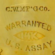 Watch Case Marking Variant for Courvoisier & Wilcox Mfg. Co. 14K: C.W.Mf'g Co.
Warranted
14K
U.S. Assay
[Eye]