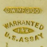 Watch Case Marking Variant for Courvoisier & Wilcox Mfg. Co. 14K: C.W.Mfg.Co.
Warranted
14K
U.S. Assay
[Eye]