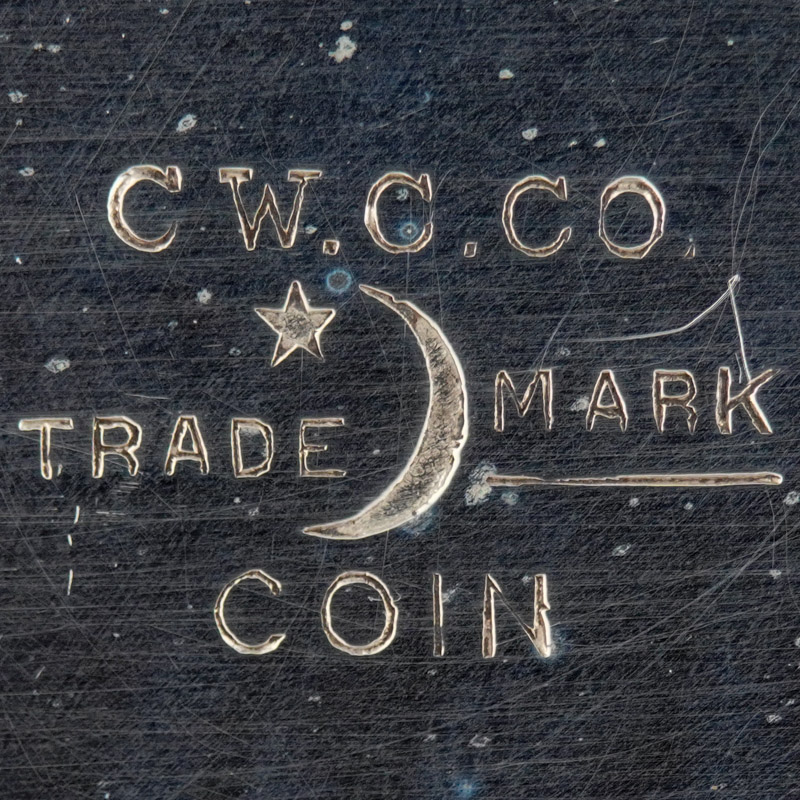 Watch Case Marking Variant for Crescent Watch Case Co. Crescent Coin Silver: C.W.C.Co.
Trade Mark
[Crescent Moon and Star]
Coin
