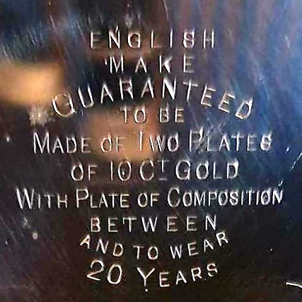 Watch Case Marking Variant for Dennison Watch Case Co. Moon: English
MakeGuaranteed
To Be
Made of Two Plates
of
10 Ct. Gold
With Plate of Composition
Between
And to Wear
20 Years