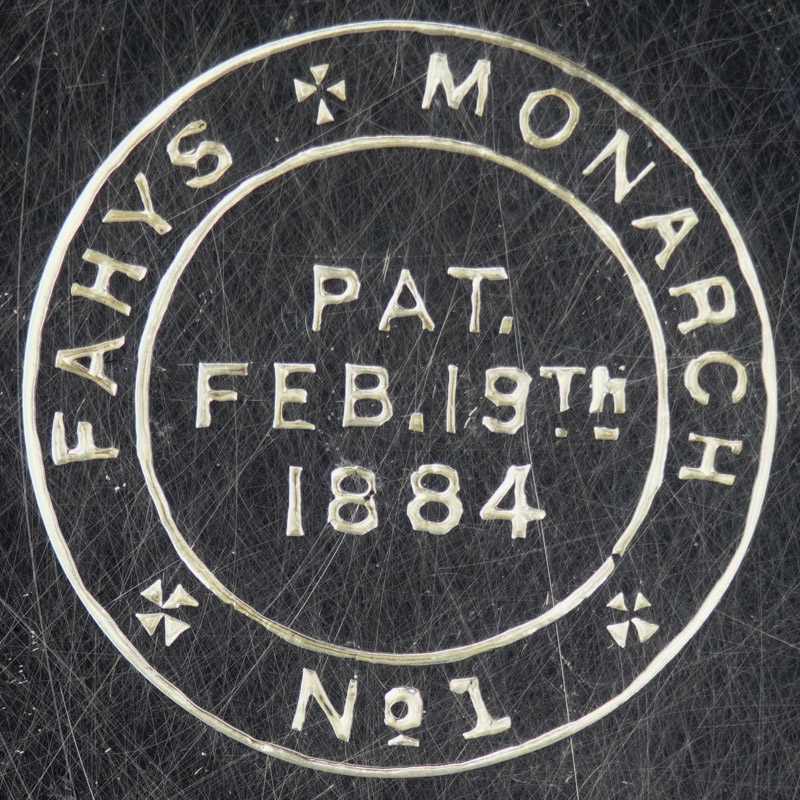 Watch Case Marking Variant for Fahys Watch Case Co. Monarch 14K/21YR: Fays
Monarch
No. 1
Pat.
Feb.19th
1884
[in Circle]