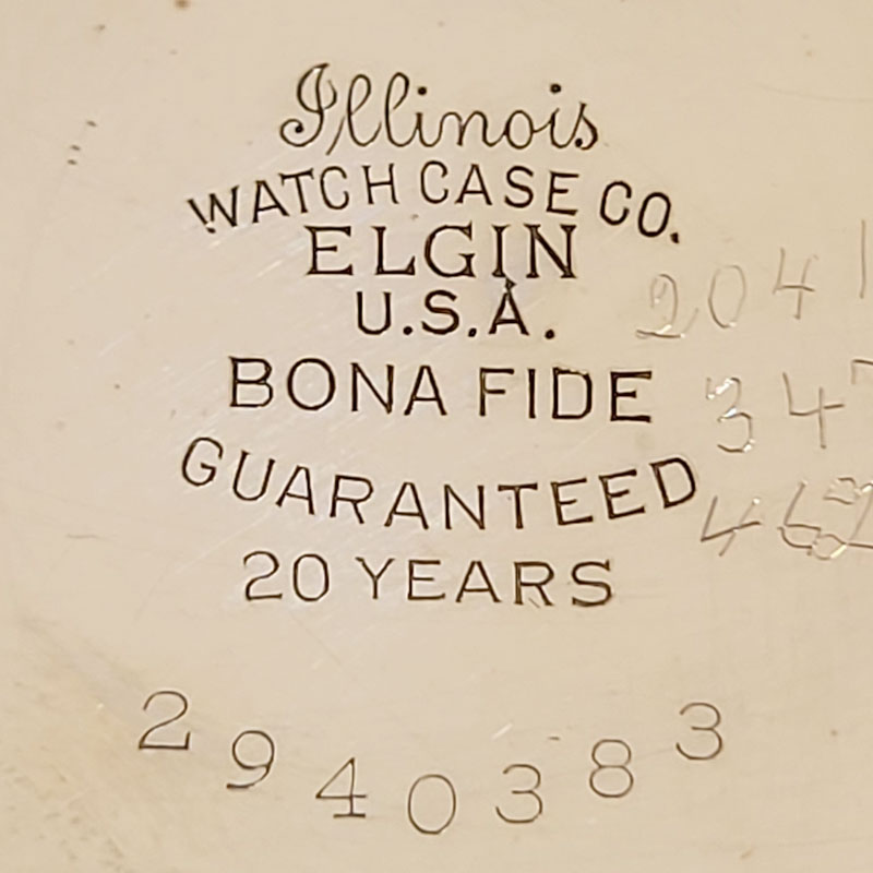 Watch Case Marking for Illinois Watch Case Co. Bona Fide: Illinois Watch Case Co. Elgin U.S.A. Bona Fide Guaranteed 20 Years