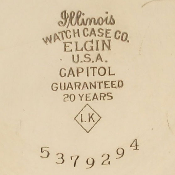 Watch Case Marking for Illinois Watch Case Co. Capitol: Illinois 
Watch Case Co 
Elgin 
U.S.A. 
Capitol 
Guaranteed 
20 Years 
LK [in Diamond]
