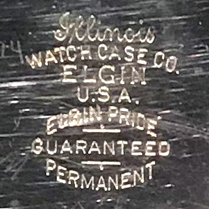 Watch Case Marking for Illinois Watch Case Co. Elgin Pride: Illinois
Watch Case Co.
Elgin
U.S.A.
Elgin Pride
Guaranteed
Permanent