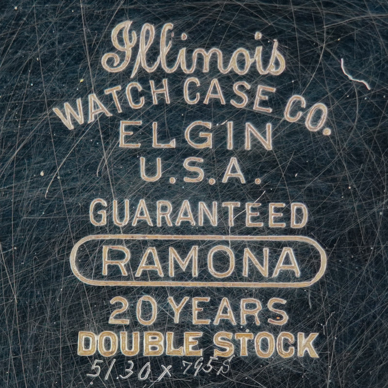 Watch Case Marking for Illinois Watch Case Co. Ramona: Illinois Watch Case Co. Elgin U.S.A. Guaranteed Ramona 20 Years Double Stock