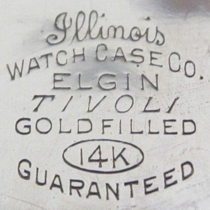Watch Case Marking Variant for Illinois Watch Case Co. Tivoli: Illinois
Watch Case Co.
Elgin
Tivoli
Gold Filled
14K
Guaranteed