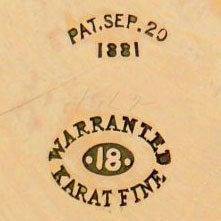 Watch Case Marking for Keller & Untermeyer 18K Patented Design: Pat.Sep.20
1881
Warranted
18
Karat Fine
[Dot 18 Dot]