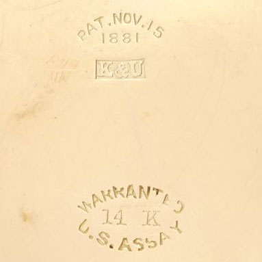 Watch Case Marking Variant for  14K Patented Design: Pat.Nov.15
1881
K&U
Warranted
14K
U.S.Assay