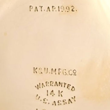 Watch Case Marking for Keller & Untermeyer 14K Patented Design: Pat.Ap.19.92
K&U.Mfg.Co.
Warranted
14K
U.S. Assay