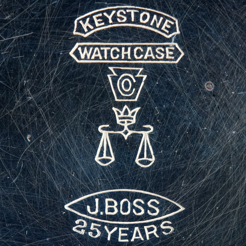 Watch Case Marking for Keystone Watch Case Co. Boss Scale Crown 14K/25YR: Keystone
Watch Case Co.
[Keystone Block]
[Crown and Scales]
J.Boss
25 Years