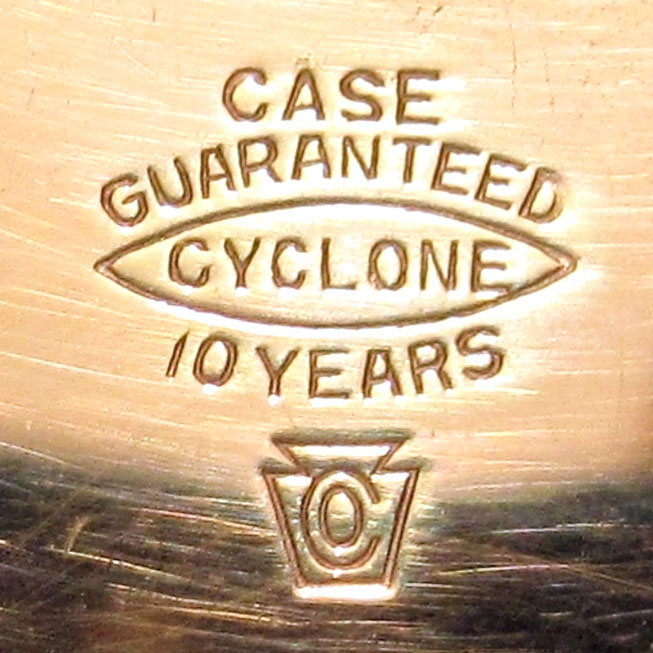 Watch Case Marking for Keystone Watch Case Co. Cyclone: Guaranteed Cyclone 10 Years Keystone Letter C U.S.A Keystone Watch Case Co. C Case.