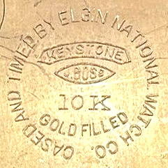 Watch Case Marking Variant for Keystone Watch Case Co. Boss 10K Yellow GF: Cased and Timed by Elgin National Watch Co.
Keystone
J.Boss
10 K
Gold Filled