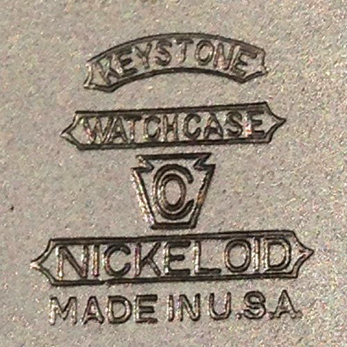 Watch Case Marking for Keystone Watch Case Co. Nickeloid: Keystone Watch Case Co. Keystone Symbol Nickloid Made In U.S.A. 
