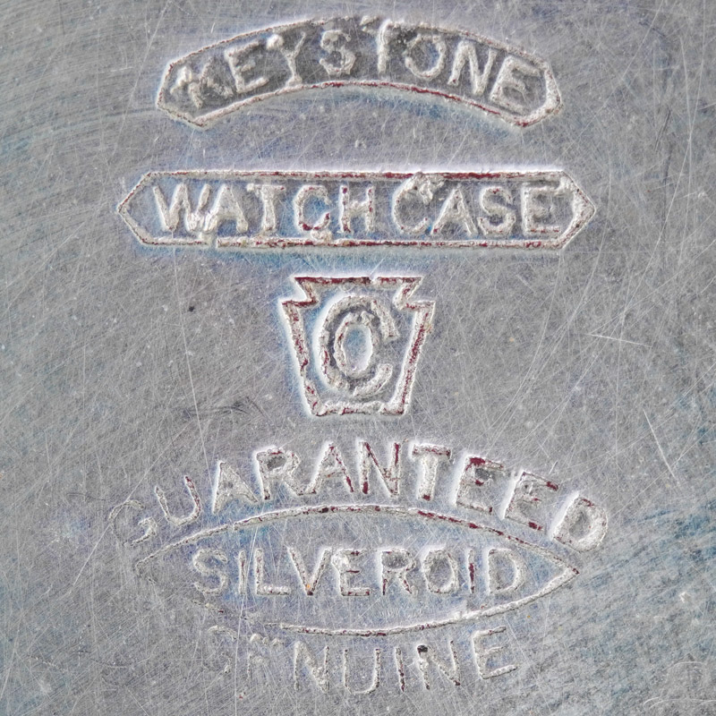 Watch Case Marking Variant for Keystone Watch Case Co. Silveroid: Keystone
Watch Case Co.
[Keystone Block]
Guaranteed
Silveroid
Genuine