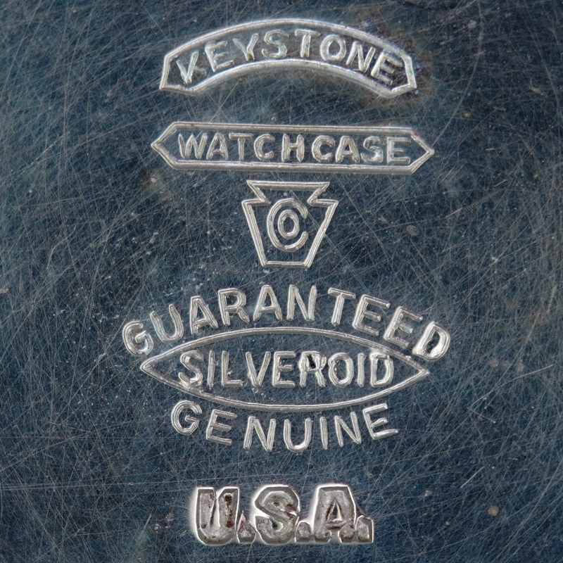 Watch Case Marking Variant for Keystone Watch Case Co. Silveroid: Keystone
Watch Case Co.
[Keystone Block]
Guaranteed
Silveroid
Genuine
U.S.A.