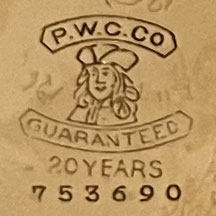 Watch Case Marking for Philadelphia Watch Case Co. Patriot: P.W.C.Co. [in arched banner]
[Patriot Man with Hat]
Guaranteed [in arched banner]
20 Years