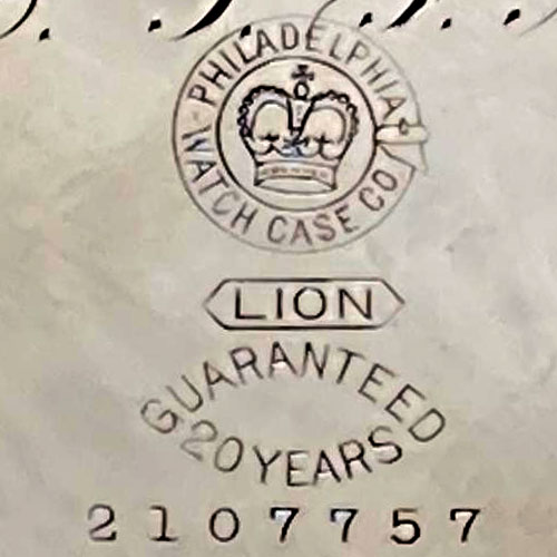 Watch Case Marking for Philadelphia Watch Case Co. Lion: Philadelphia Watch Case Co. Buckle Crown Lion in Pointed Ribbon 20 Years
