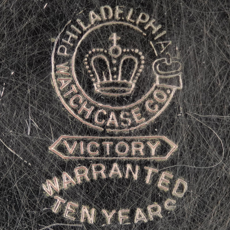 Watch Case Marking for Philadelphia Watch Case Co. Victory: Philadelphia Watch Case Co. Buckle Crown Victory in Pointed Ribbon Warranted Ten Years