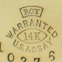 Watch Case Marking for Roy Watch Case Co. 14K: Roy
Warranted
14K
U.S.Assay
[Eye]