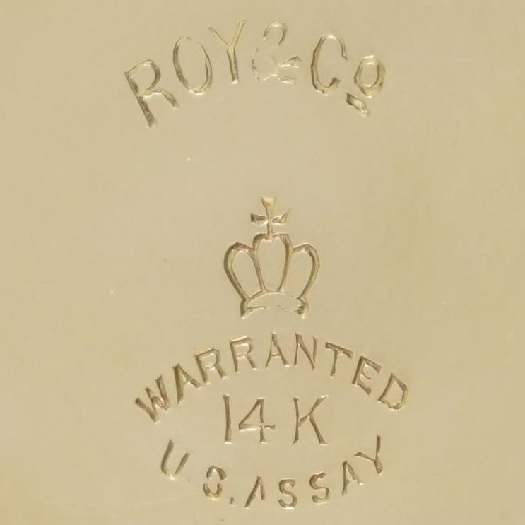 Watch Case Marking for Roy & Co. 14K: Roy & Co.
[Crown with Cross]
Warranted
14K
U.S.Assay