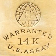 Watch Case Marking Variant for Solidarity Watch Case Co. 14K: S
[Triangle in Globe/Earth]
Warranted
14K
U.S. Assay