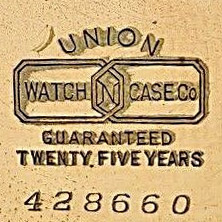 Watch Case Marking for  Union Watch Case Company Label: Union
Watch Case Co.
Guaranteed
Twenty Five Years
[Two Rings Interlocked like a Belt Buckle with N in Center]