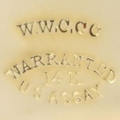 Watch Case Marking Variant for Willemin Watch Case Co. 14K: W.W.C.Co.
Warranted
14K
U.S.Assay