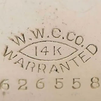 Watch Case Marking Variant for Wadsworth Watch Case Co. 14K: W.W.C.Co.
14K
Warranted
[Eye]