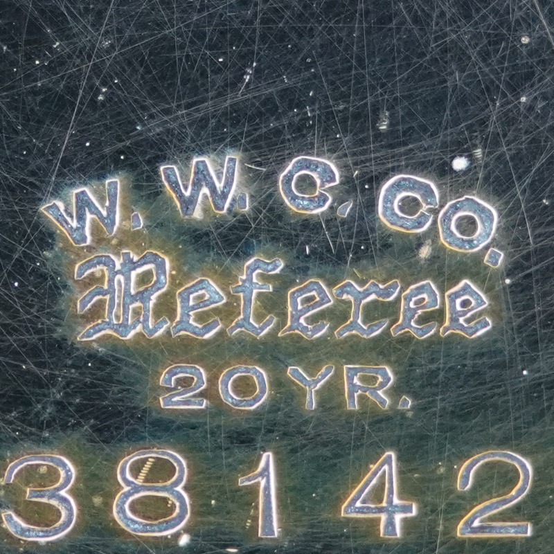 Watch Case Marking Variant for Wadsworth Watch Case Co. Referee: W.W.C.Co.
Referee
20 Yr.