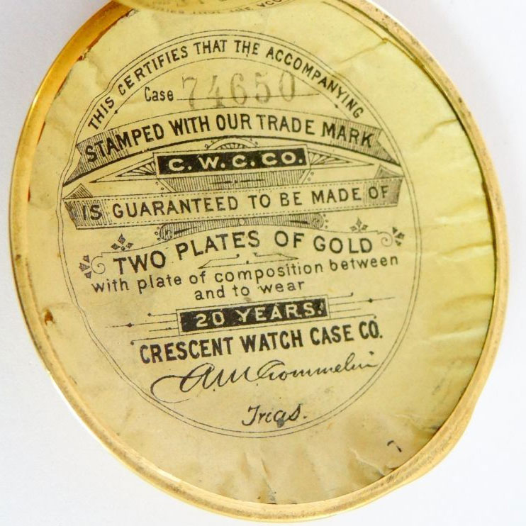 Watch Case Marking for Crescent Watch Case Co. Crescent 10K/20YR: C.W.C.Co. Trade Mark Crescent Moon and Star Warranted Crescent 20 Years