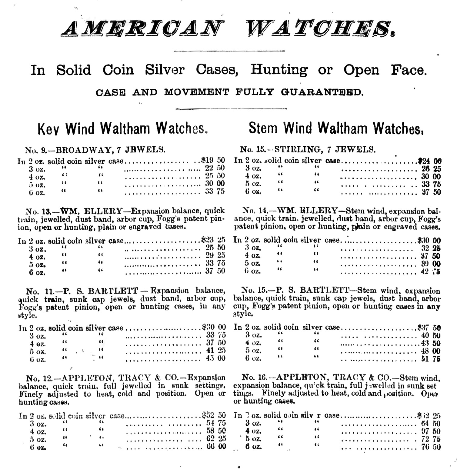 Waltham Grade P.S. Bartlett Advertisement from 1884