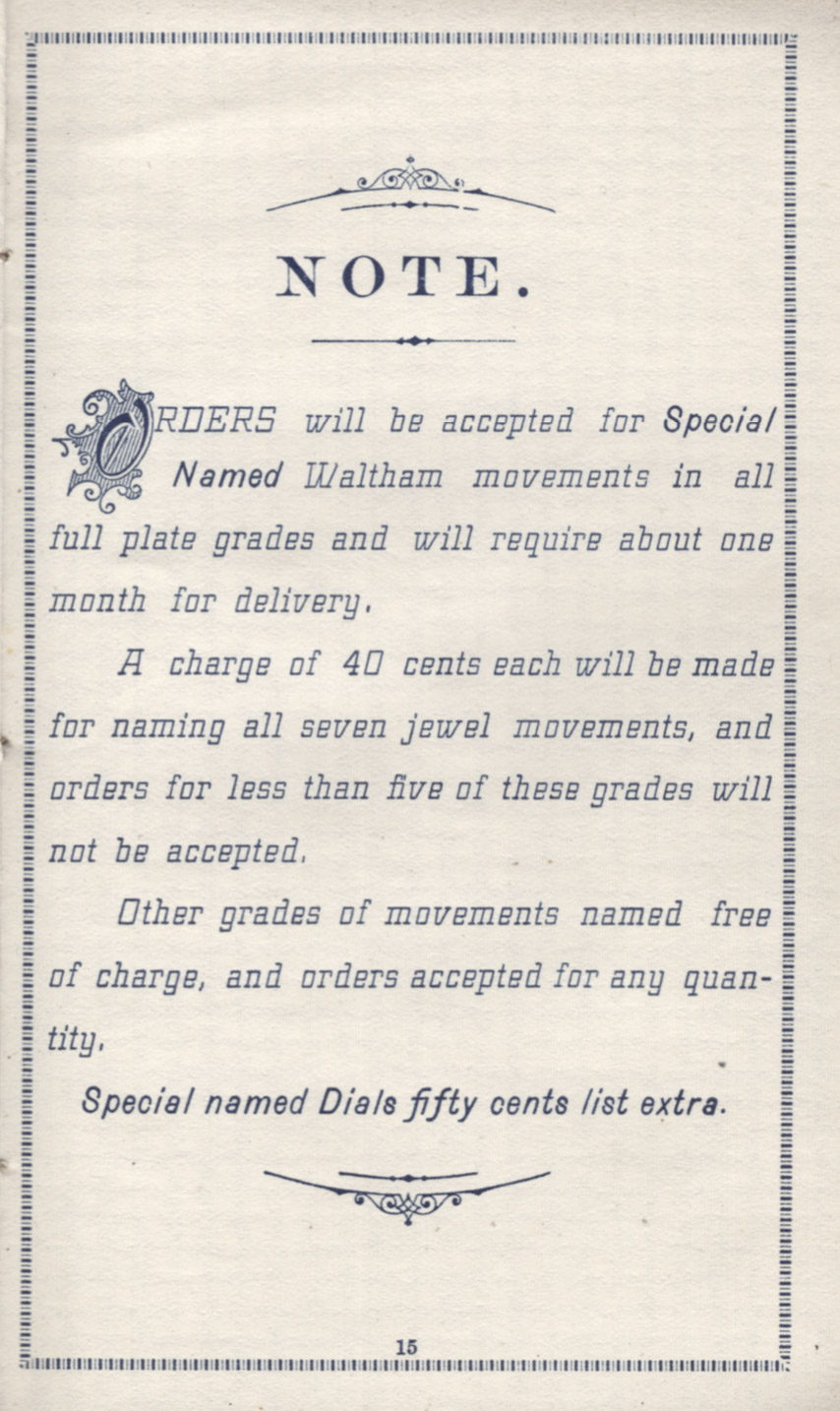 Waltham Private Label Instructions from the 1886 Robbins & Appleton Price List Catalog