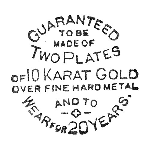 Guranteed
To Be Made Of
Two Plates
Of 10 Karat Gold
Over Fine Hard Metal
And To Wear For 20 Years (Dueber Watch Case Mfg. Co.)