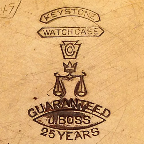 Keystone
Watch Case Co
J. Boss
Guaranteed
25 Years
[Crown & Scale] (Keystone Watch Case Co.)