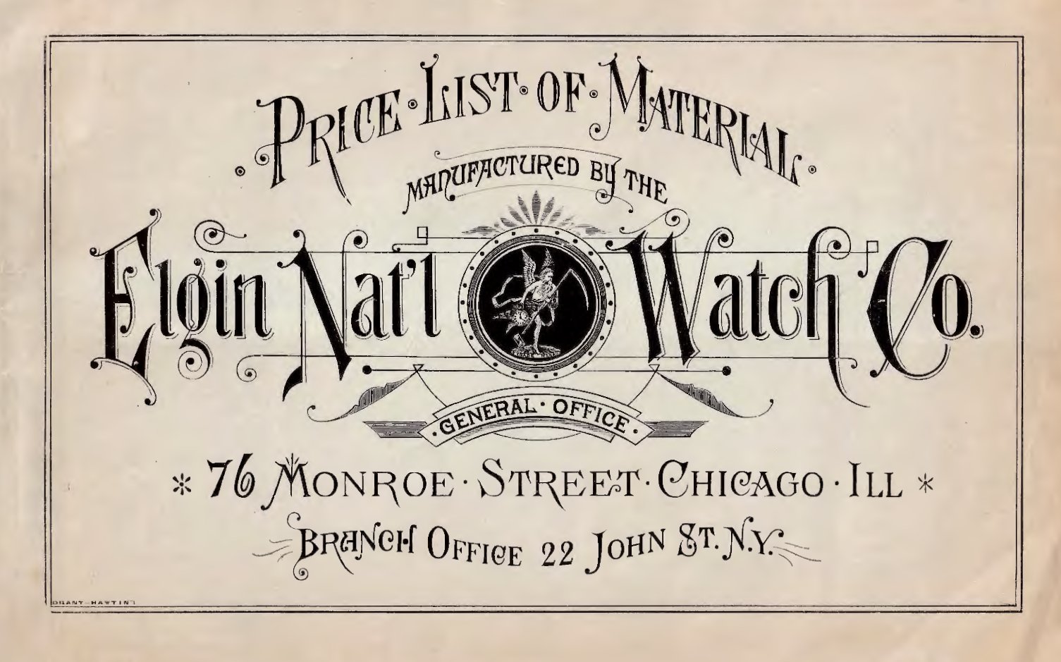 Price List of Material Manufactured by the Elgin Nat'l Watch Co. (1882) Cover Image