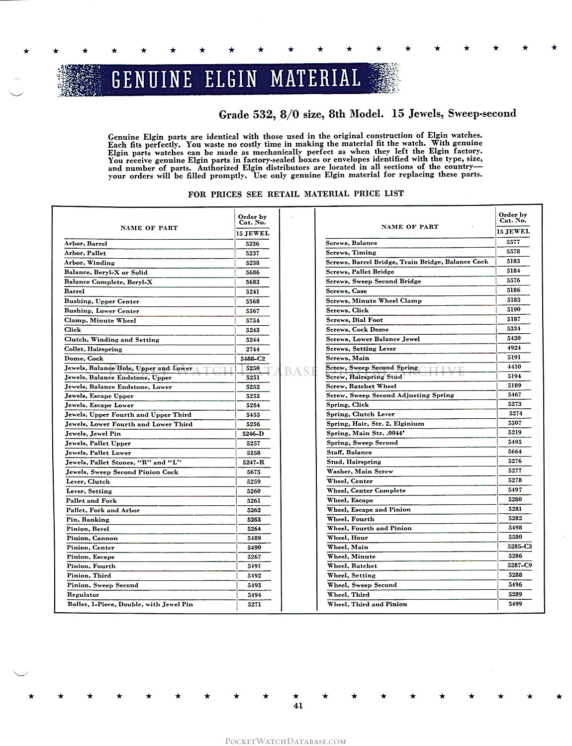 Elgin 8/0 Size Movement: Grade 532 - Elgin Service Bulletin (c 