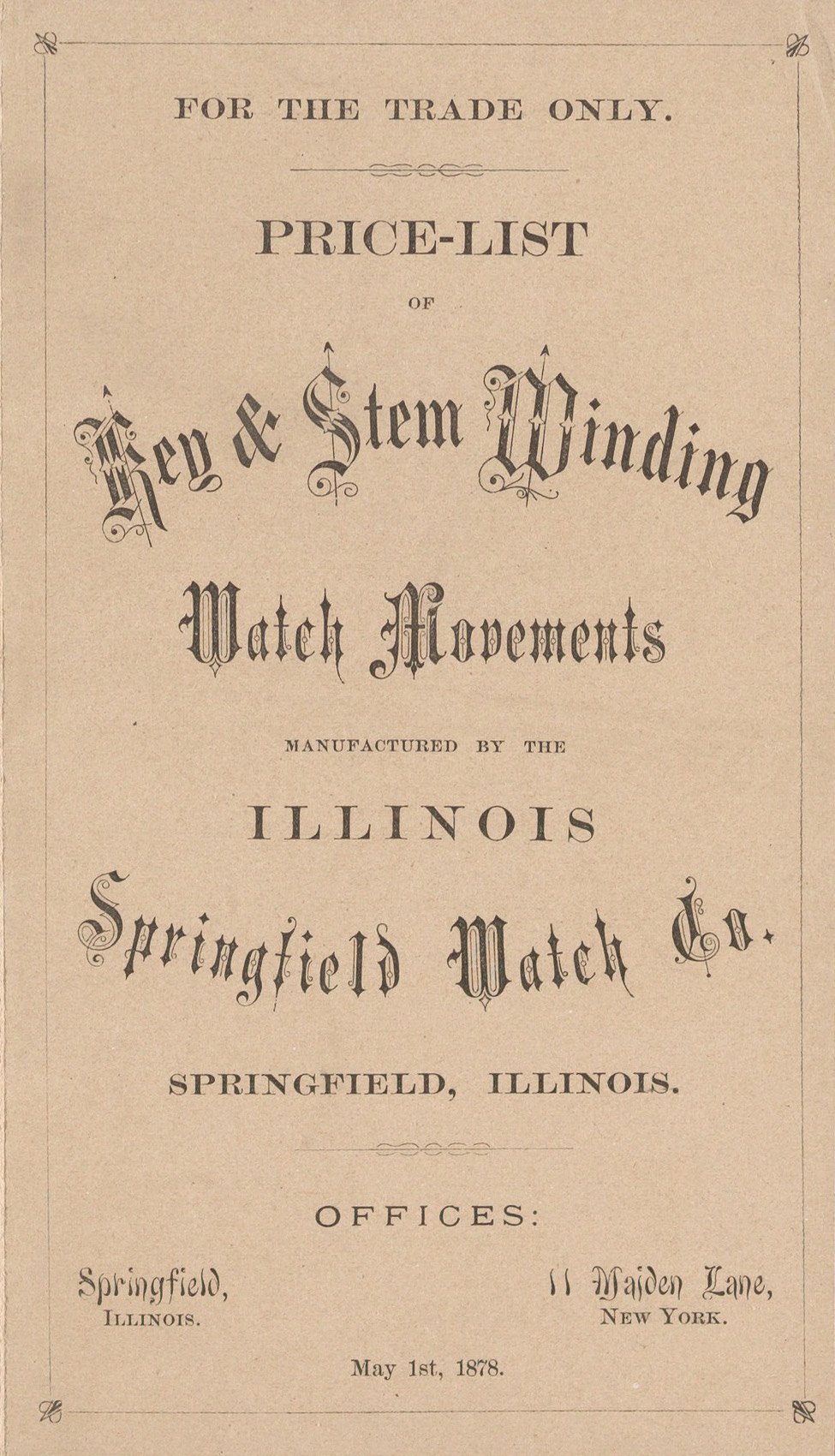 Illinois Springfield Watch Co. Price List (1878) Cover Image