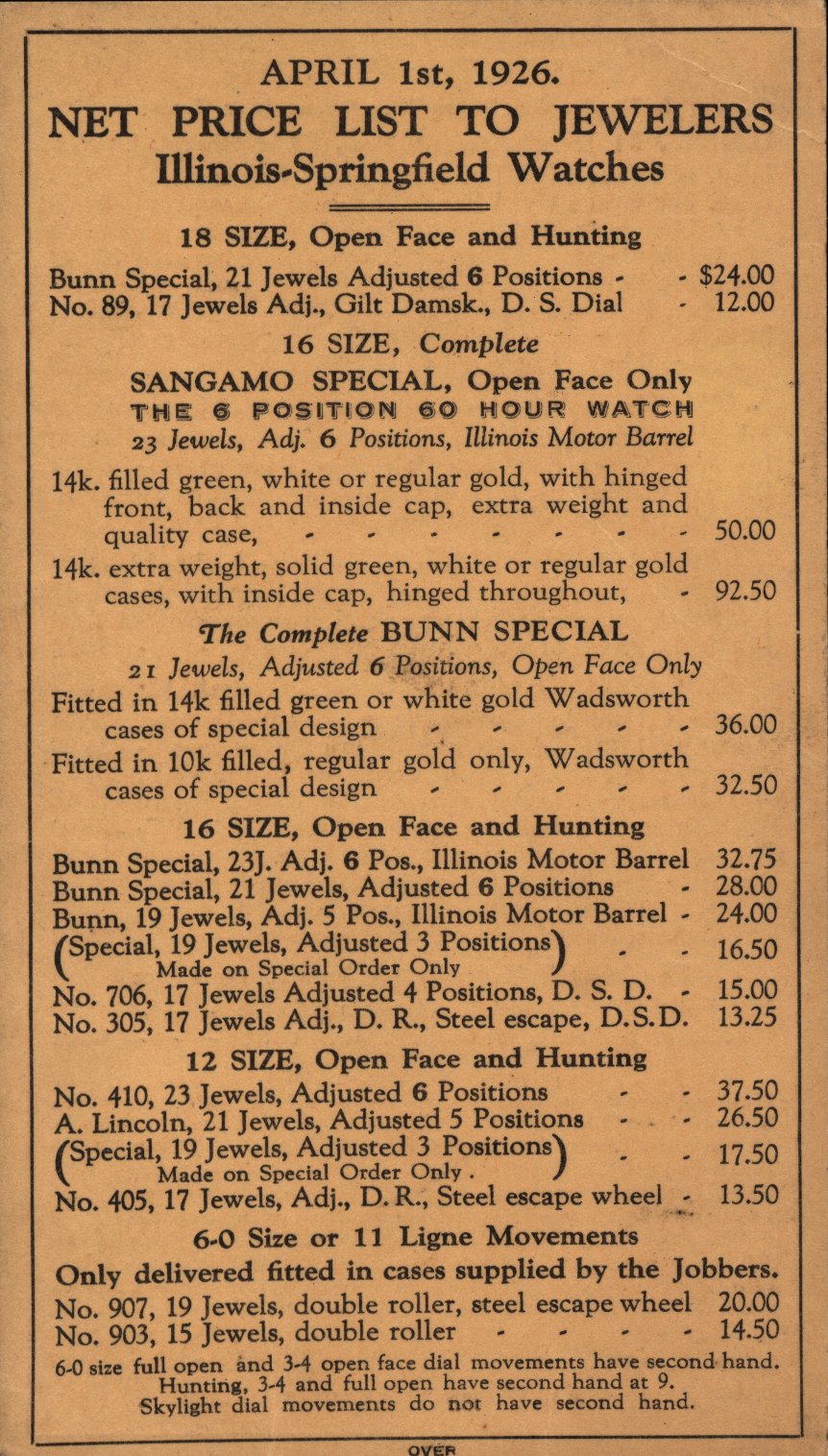 Illinois Watch Company Price List (April 1926) Cover Image
